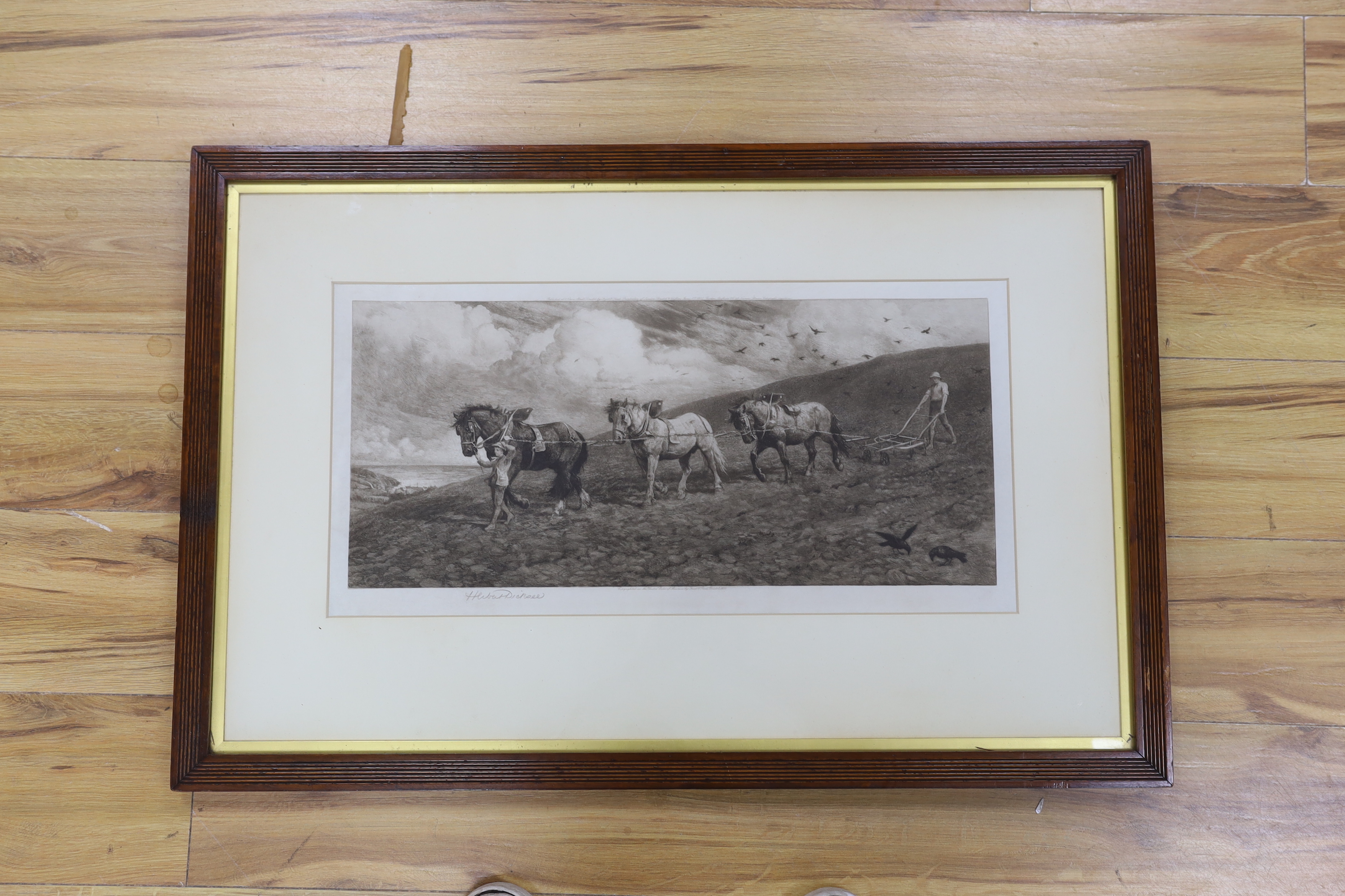 Herbert Dicksee (1862-1942), etching, ‘Against Wind and Open Sky’, signed in pencil, publ. 1900, Frost & Reed, Dunthorne & Brown inscribed label verso, 28 x 58cm